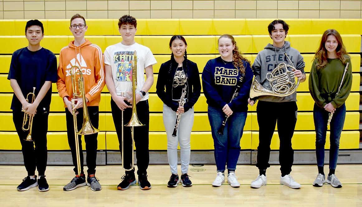 Mars Area High School students (from left) Alvo Tsao, Carson Mahan, Carter Snyder, Mei Lien Mansfield, Meghan Smith, Alex Schumann and Ella Drutarosky were selected to join in the PMEA District 5 Honors Band Festival.