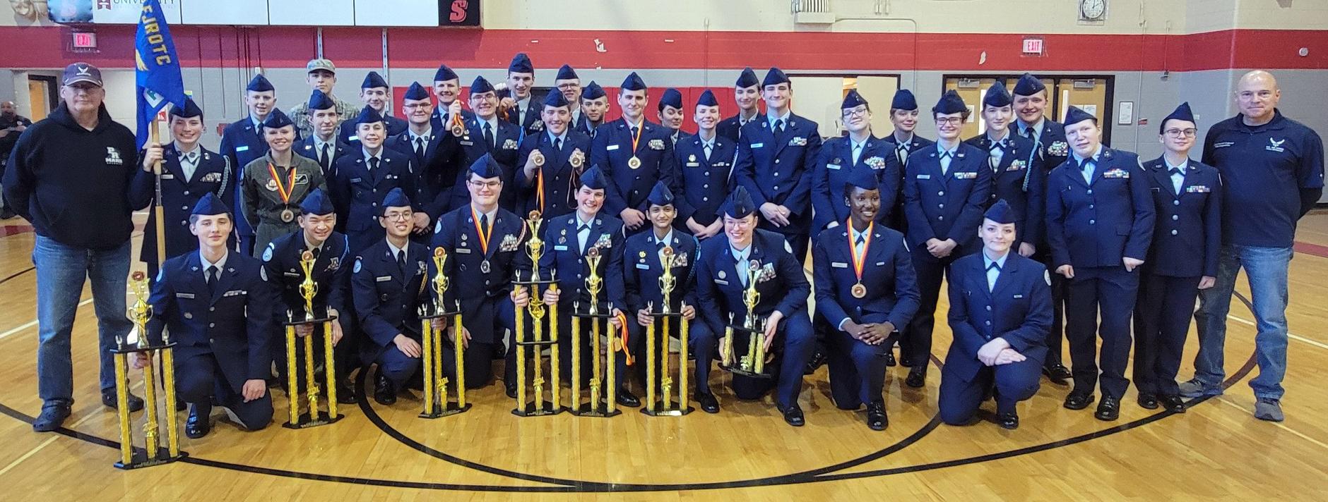 Pine-Richland/Mars Area U.S. Air Force JROTC (Junior Reserve Officers Training Corp) Drill Teams earned first place overall at the  East CLC Marine Corps Drill Competition.