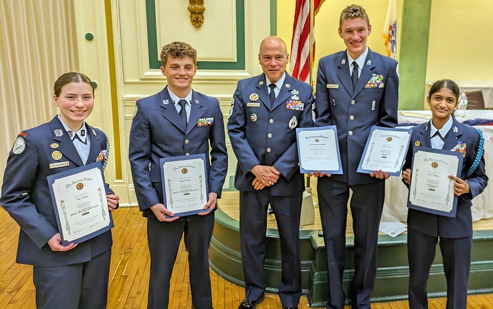 Members of Pine-Richland/Mars Area U.S. Air Force JROTC program, including Mars Area High School students Abby Hagen, Dylan Weitzell and Reva Kalbhor (pictured with Chief Mike Gasparetto and Pine-Richland student James Cerny) were recognized at the 26th Annual American Legion Youth Achievement Awards Banquet.