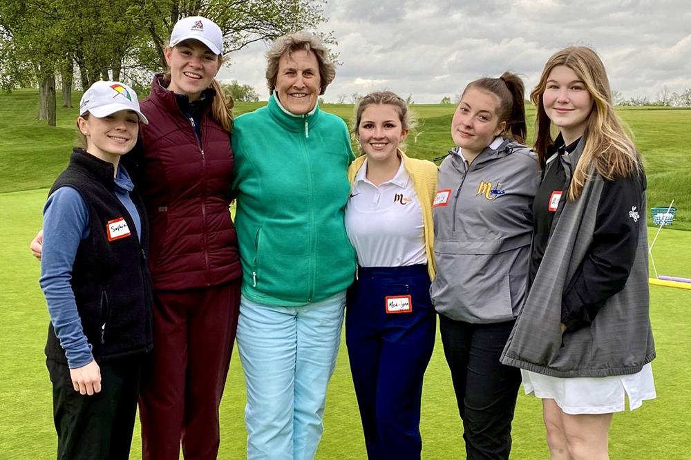 Mars Area High School students Sophia Maestra, Victoria Witouski, Madilynn DeNomme, Emily Cronin and Allison Yanief  pause for a photo with Carol Semple Thompson (third from left) at the namesakes’ 2021 WGAWP Junior Girls Golf Clinic.