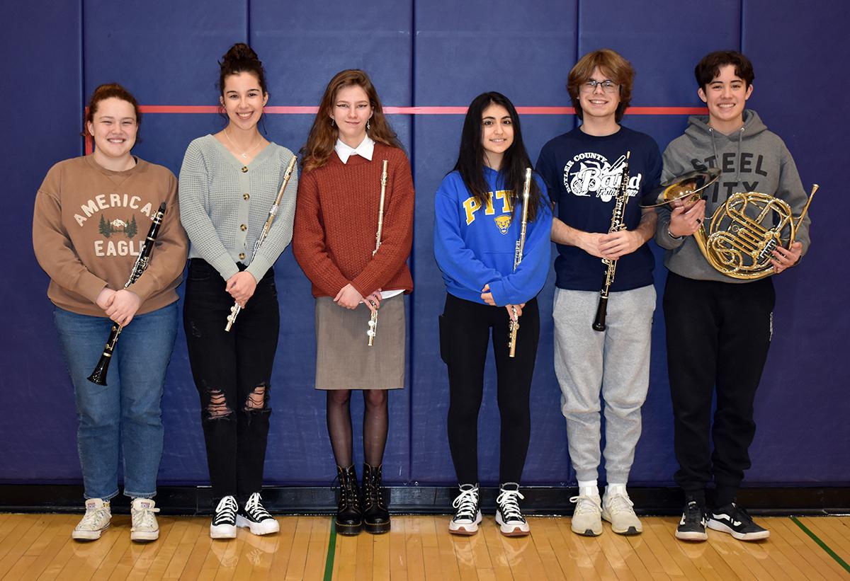 Mars Area High School students (from left) Meghan Smith, Madelyn Ostapchenko, Ella Drutarosky, Adriana Najjar, Ian Fuechslin and Alex Schumann were selected to join in the PMEA District Band Festival.