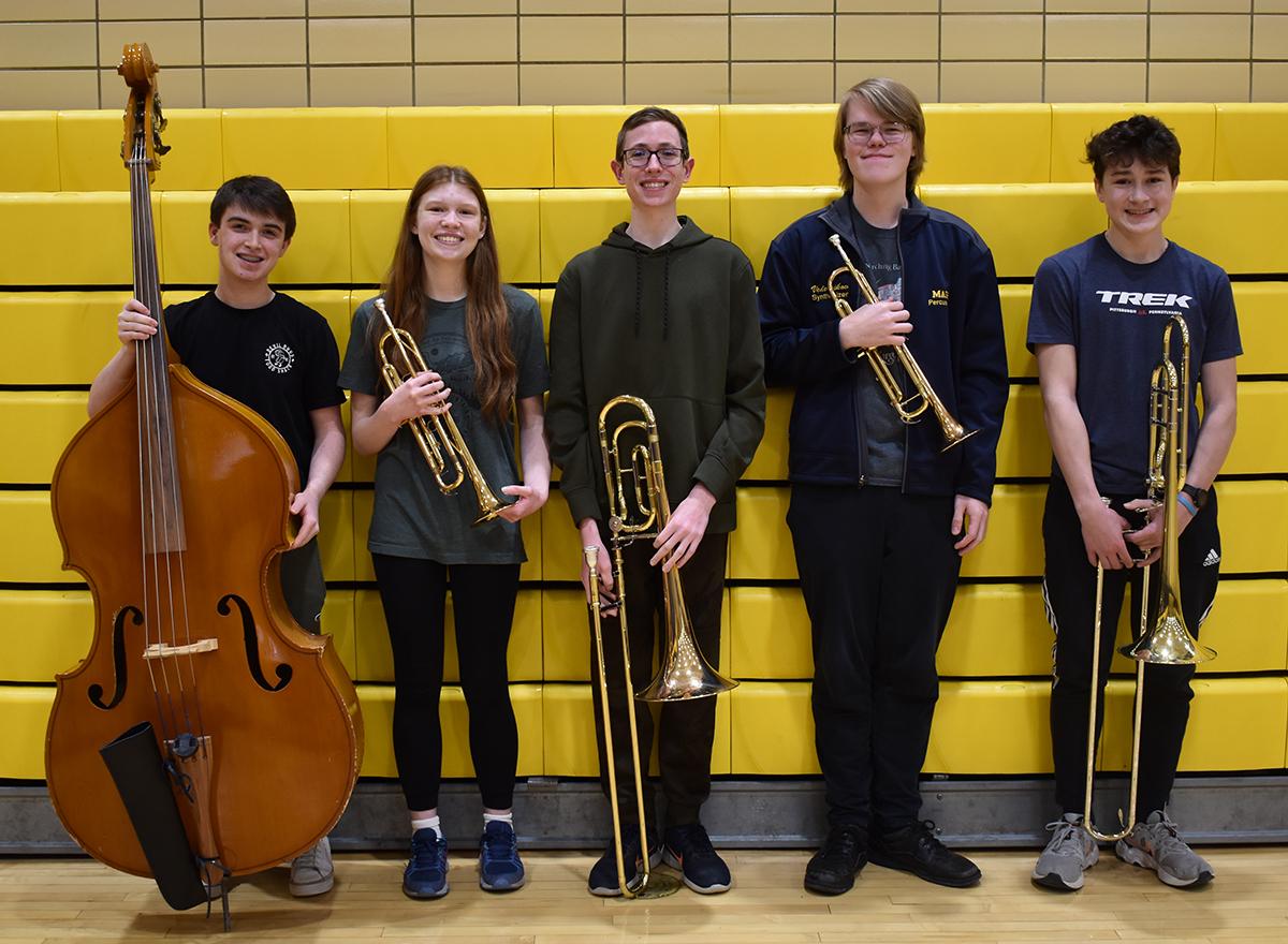 Mars Area High School students (from left) Jace Smith, Jennifer Morrison, Carson Mahan, Alex Vedernikov and Carter Snyder were selected to join in the PMEA District Jazz Band Festival.