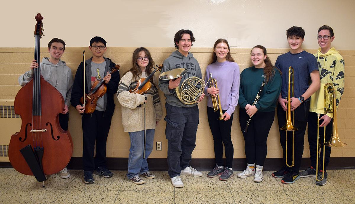 Mars Area High School orchestra members (from left) Jace Smith, Kai Whirlow, Caroline Martin, Alex Schumann, Jennifer Morrison, Meghan Smith, Carter Snyder and Carson Mahan were selected to perform at the PMEA District Orchestra Festival.