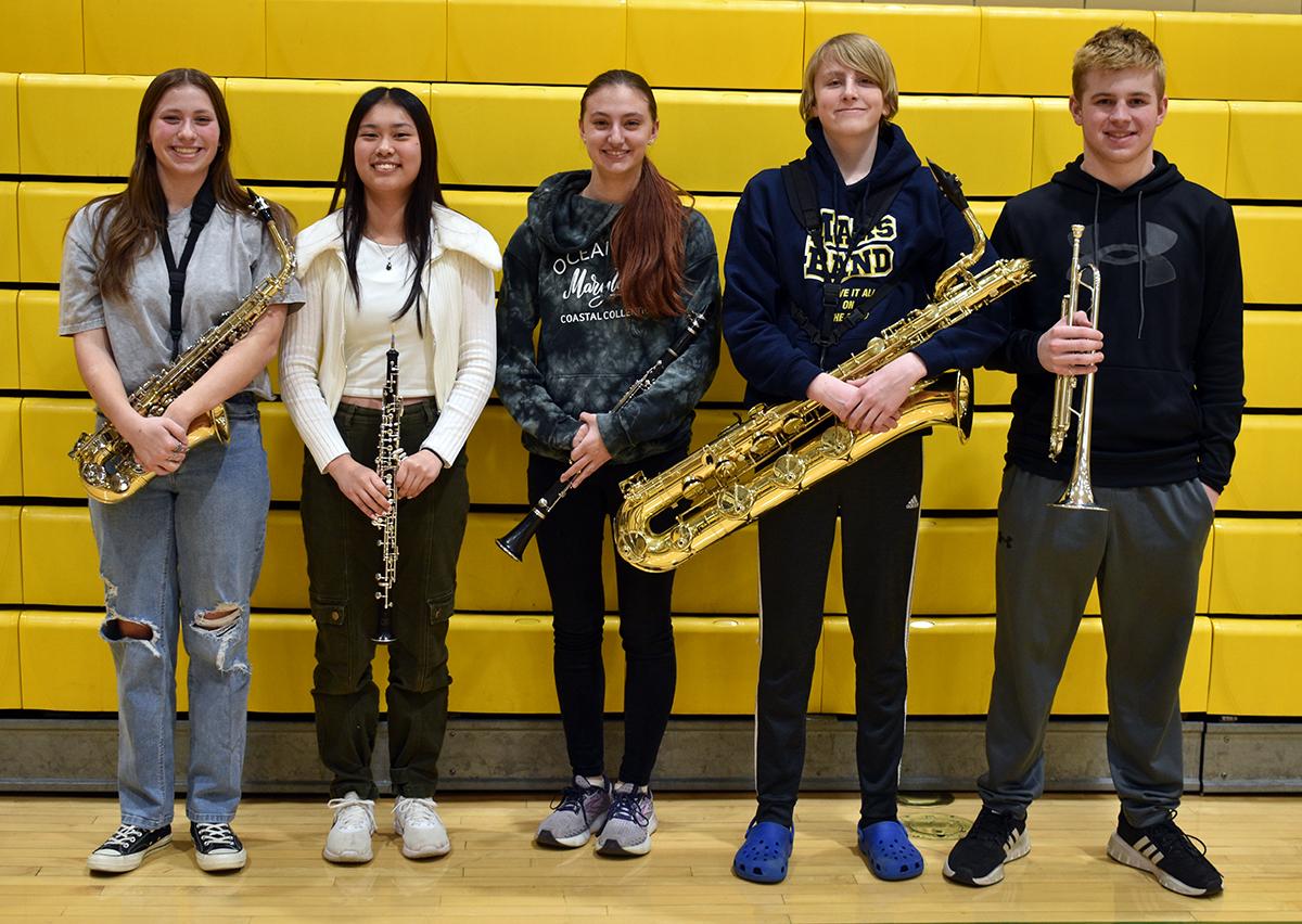 Mars Area High School students (left) Alexis Abbey, Mei Lien Mansfield, Sophie Gourash, Chester Harsch and Gavin Best were selected to perform at the PMEA Junior High Band Festival.